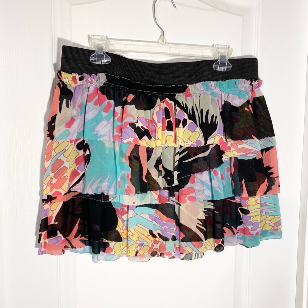 Y2K Kensie Tiered Ruffle Abstract Print Mini Skirt Back Zipper Detail Size 12